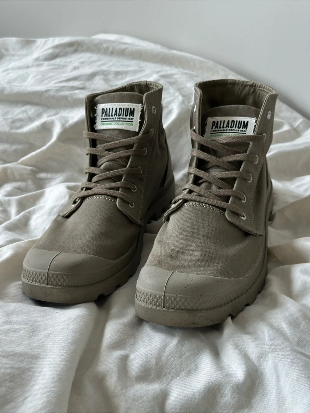 Palladium Taupe Green-Stitch Canvas High-Top Boots